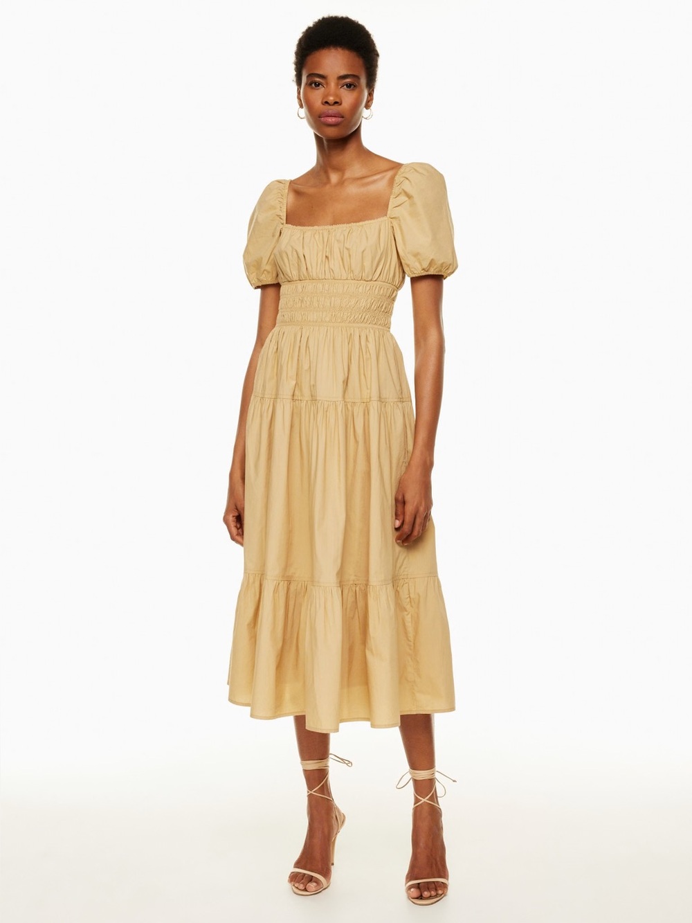 Aritzia Wilfred Allegoria Poplin Dress XS Tan Puff Sleeve Smocked Midi